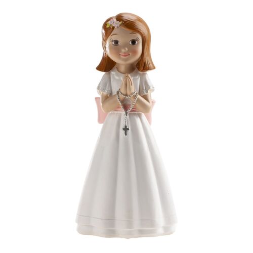 FIGURA PARA TARTA COMUNION - NIÑA CON ROSARIO Y LAZO ROSA